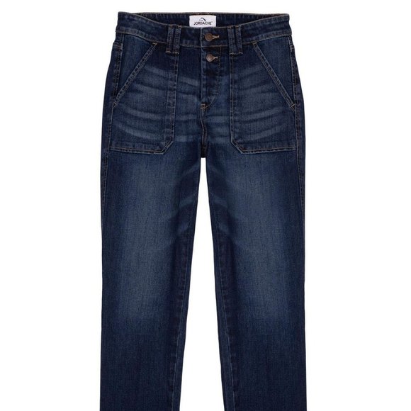 Jordache Women's Exposed Two Button Fly Utility High Rise Jeans, Dark Enzyme, 12 - Picture 1 of 14